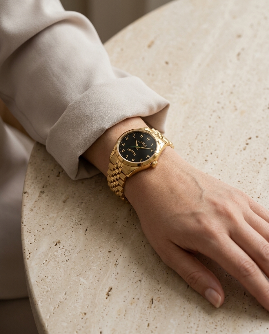 Illustration du modèle doré 36 mm sur bracelet Jubilee, porté au poignet sur une table en pierre claire.