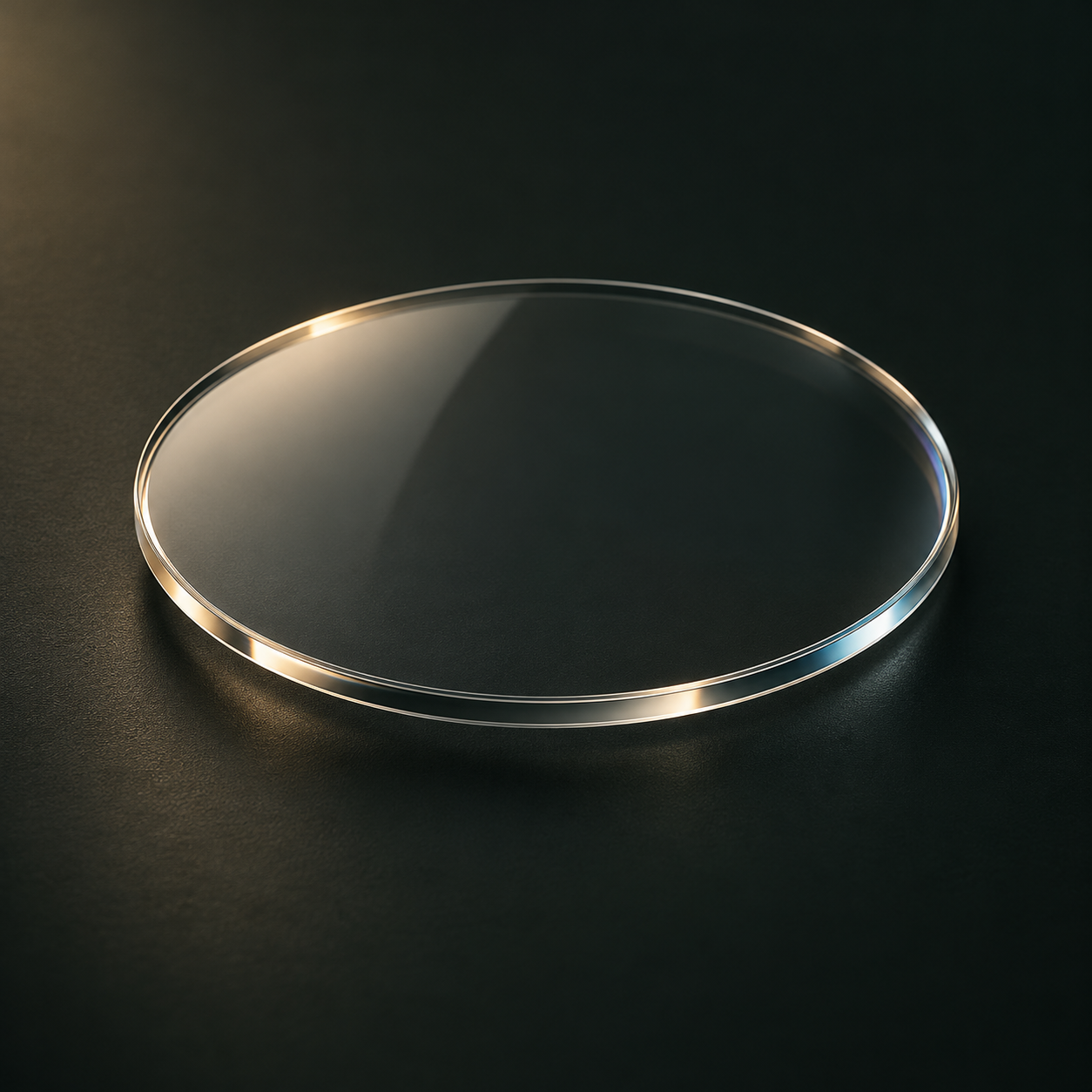 Illustration d’un verre saphir transparent sur fond vert profond, aux reflets champagne.